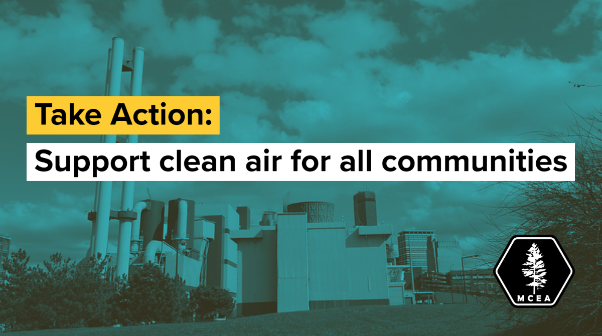 herc incinerator under a blue filter to look more ominous with words: take action