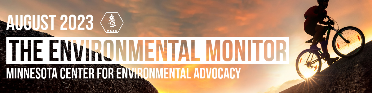 environmental monitor banner with the words august 2023 and a person biking in a sunset