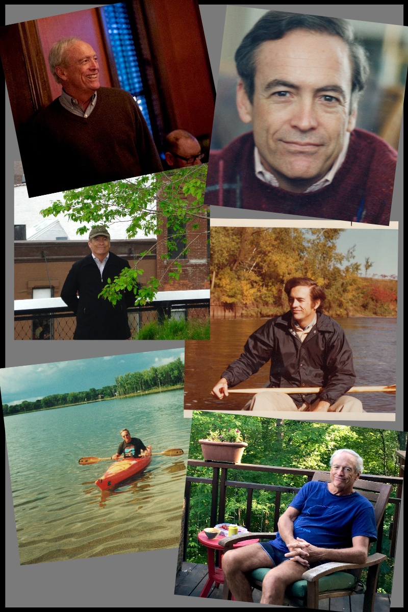 a collage of photos of John Helland, a white man who is shown kayaking, smiling, and outside at different ages