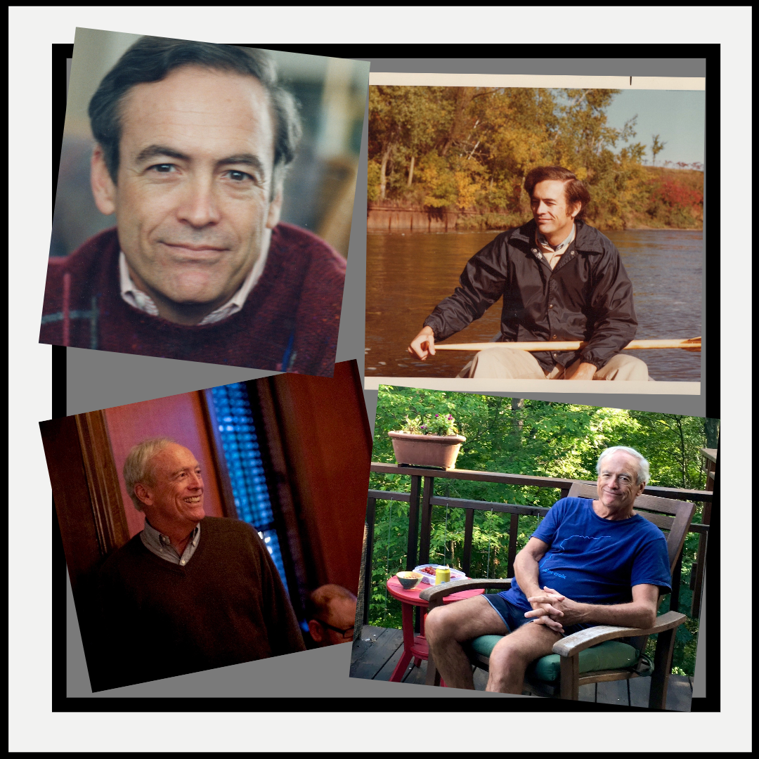 a collage of photos of John helland, a white man standing in a sweater, kayaking, and sitting in a chair on a deck