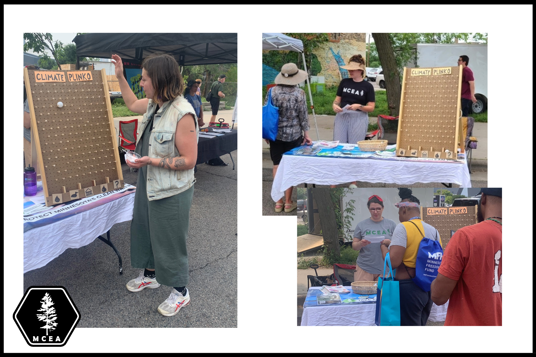 a collage of photos from open streets with m c e a staff and supporters playing climate pinko