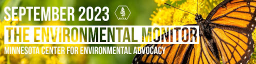 the words M c e a environmental monitor over a photo of a monarch and goldenrod