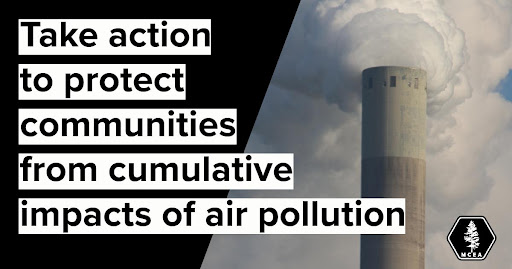 a smoke stack and the words "take action to help communities have clean air"