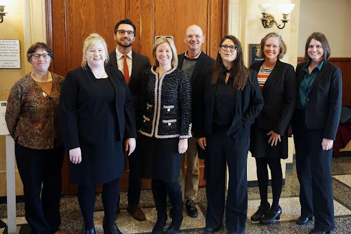 From left to right: MCEA staff Ann Cohen, Amelia Voss, Jay Eidsness, Kathryn Hoffman, Kevin Reuther, Heidi Guenther, Leigh Currie, and Joy Anderson at the Minnesota Court of Appeals for the PolyMet air pollution permit case this month. 