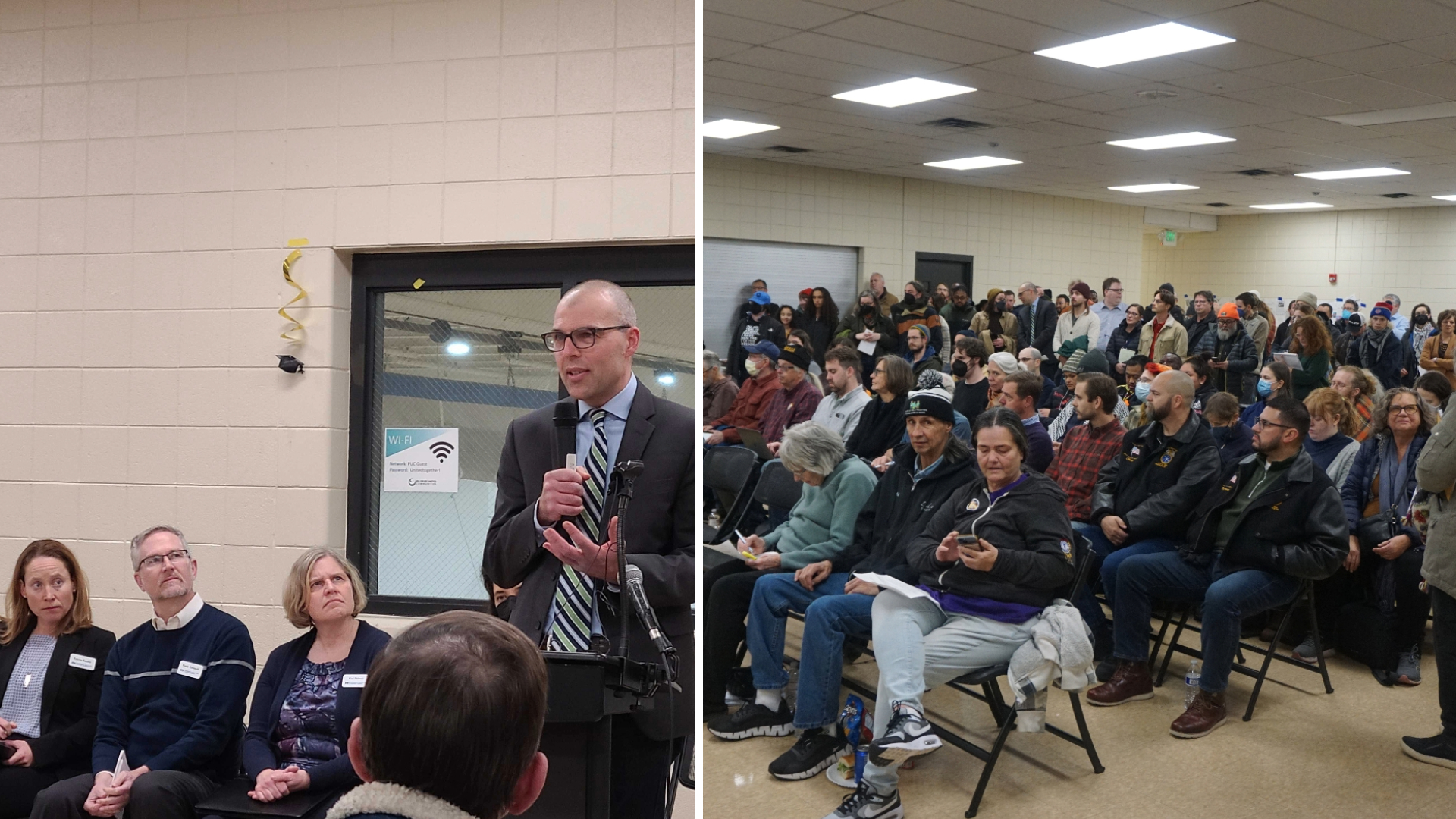 two photos from the M P C A meeting, one featuring Evan Mulholland and the other showing a large crowd