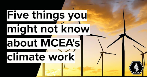 the words "five things you may not know about our climate work" over wind turbines and an orange sunset