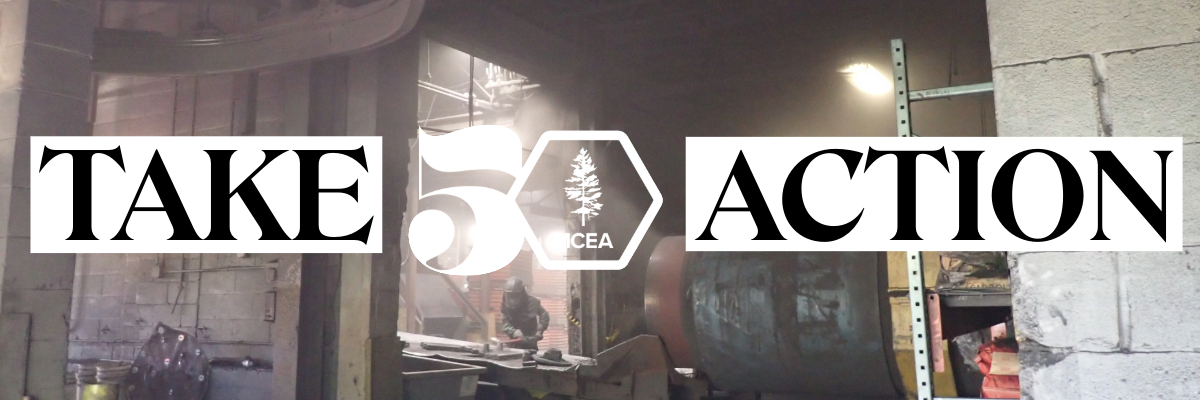 a person doing metal work in metal dust and the words "take action"