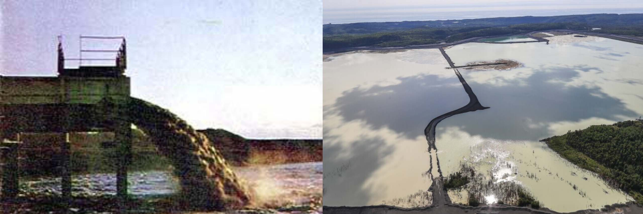 At left, Reserve Mining tailings dumped straight into Lake Superior in the 70’s (photo Twin Citian Magazine). At right, present day Milepost 7 tailings pond near Beaver Bay (photo Duluth News).