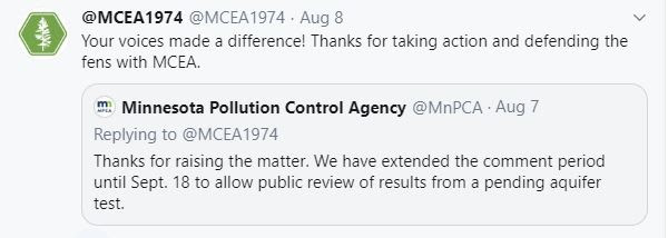 A screen grab of a tweet from the Minnesota Pollution Control Agency responding to MCEA: "Thanks for raising the matter. We have extended the comment period until Sept. 18 to allow public review of results from a pending aquifer test."