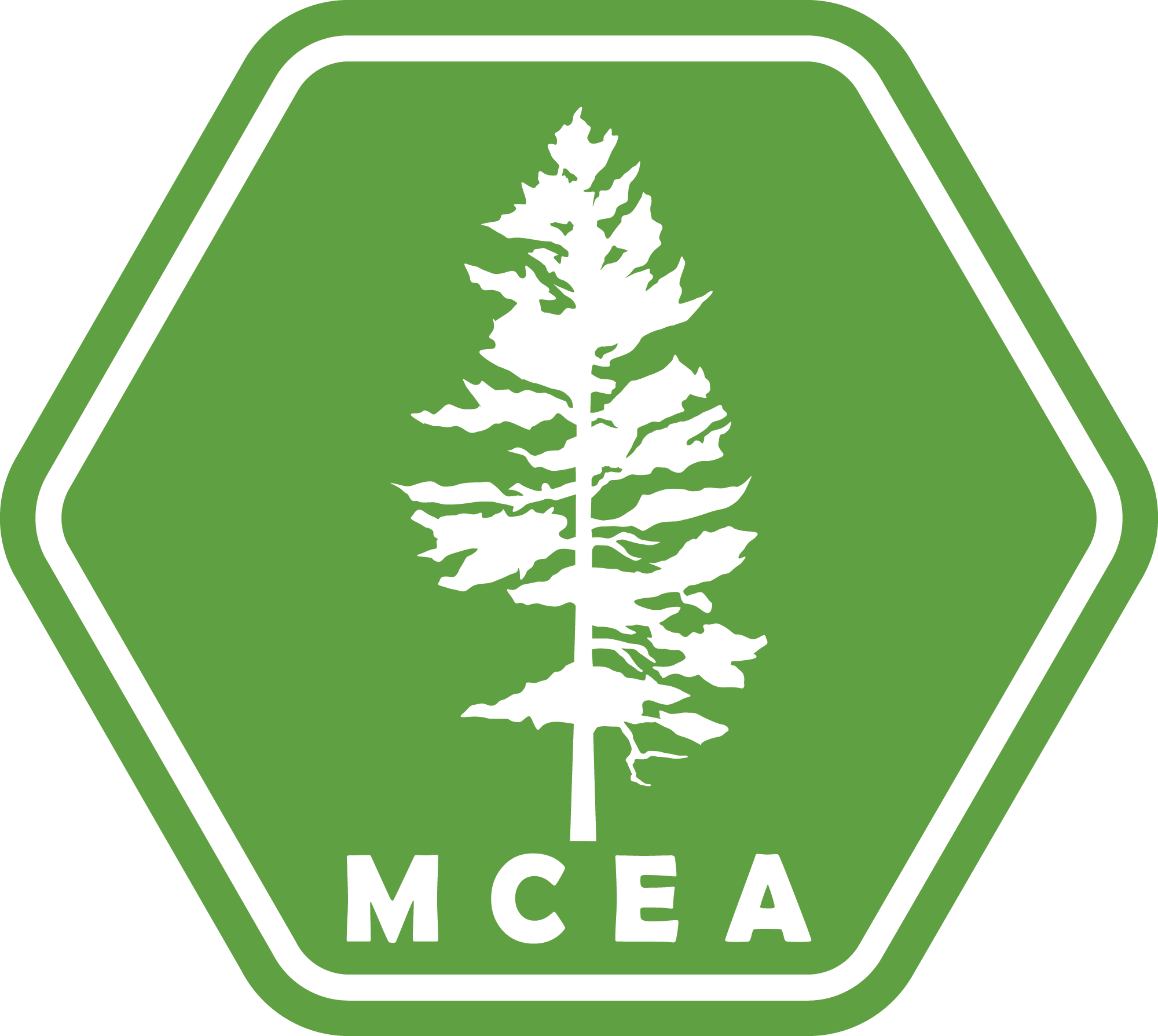 green hexagon m c e a logo with pine tree