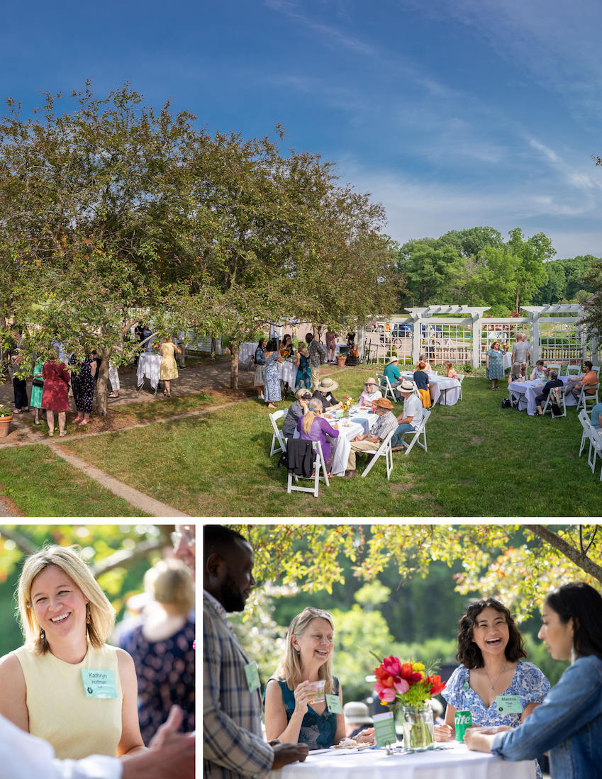 photos pf amici gathering at the arb, blue skies, plants, and many people smiling