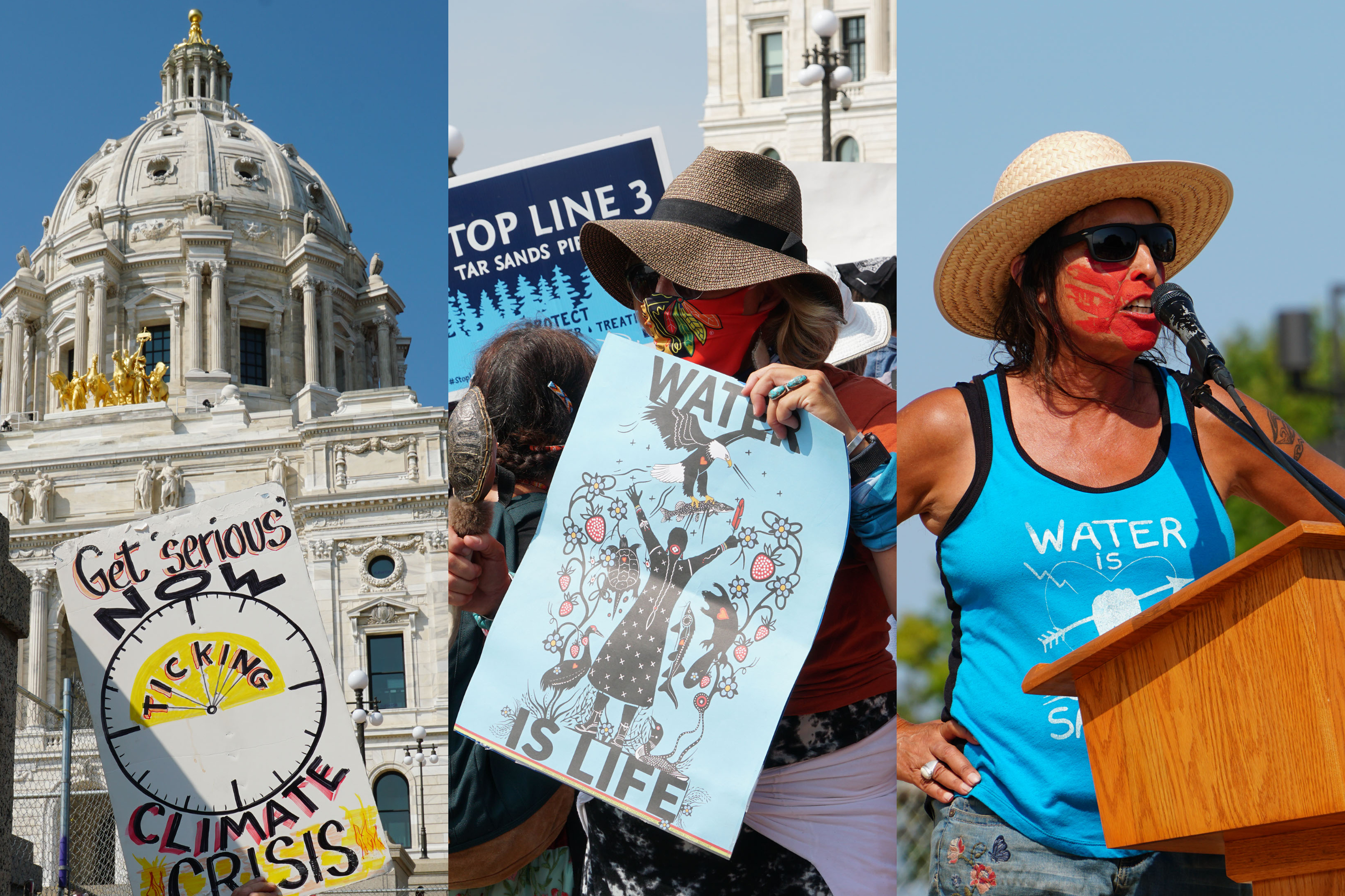 Image collage of Line 3 protest at Minnesota Capitol