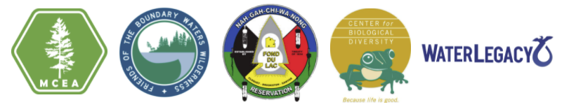 logos of MCEA, Friends of the Boundary Waters, Fond Du Lac Band of Lake Superior Chippewa, Center for Biological Diversity, Water Legacy