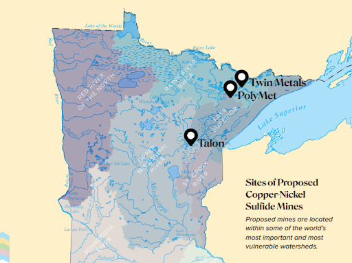 graphic of minnesota showing proposed sites of copper nickel sulfide mines