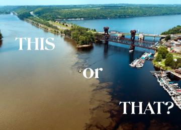 a photo showing two rivers, one brown with pollution and the other clean