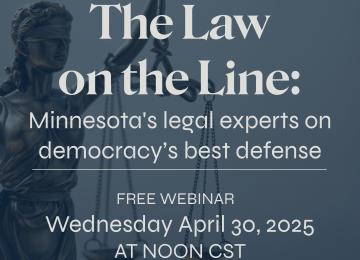information about the webinar and a statue of justice, a woman with a blindfold holding scales