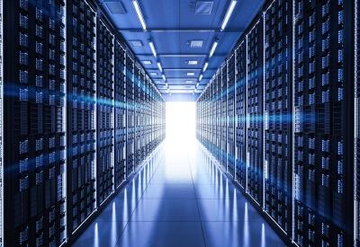 blue computer server in a hallway