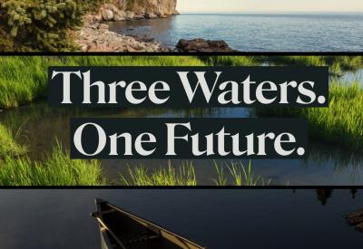 wild rice in water and a canoe and the words three waters one future