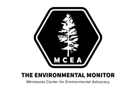 logo for newsletter, black hexagon with pine tree and words m c e a environmental monitor