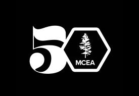 50th logo, a 5 with m c e a logo in a hexagon
