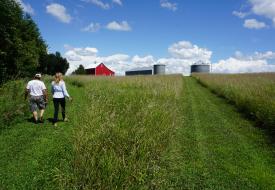 Tom Kalahar walking walking down a path towards a red farmhouse