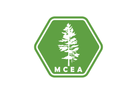 m c e a logo, a pine tree silhouetted on a green hexagon