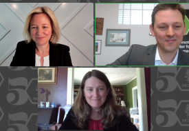 screen shot of three panelists, a white man and two white women dressed professionally