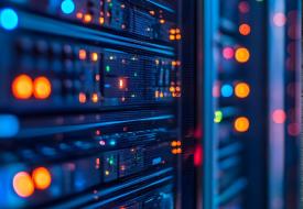 blue computer server with orange lights