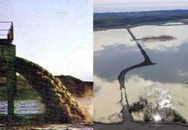 At left, Reserve Mining tailings dumped straight into Lake Superior in the 70’s (photo Twin Citian Magazine). At right, present day Milepost 7 tailings pond near Beaver Bay (photo Duluth News).