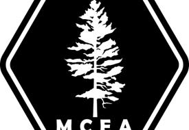 Black M C E A hexagon logo with a pine tree