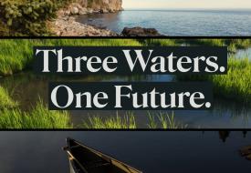 wild rice in water and a canoe and the words three waters one future