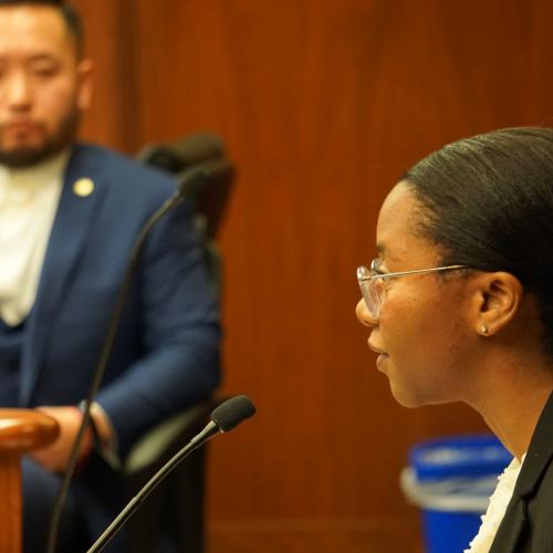 former MCEA Legal Fellow Suraya Williams testifying at Minnesota State Capitol