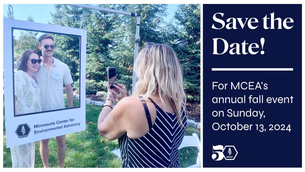 image of a white woman taking a photo of a white man and woman with the words save the date for october 13th and our annual fall event