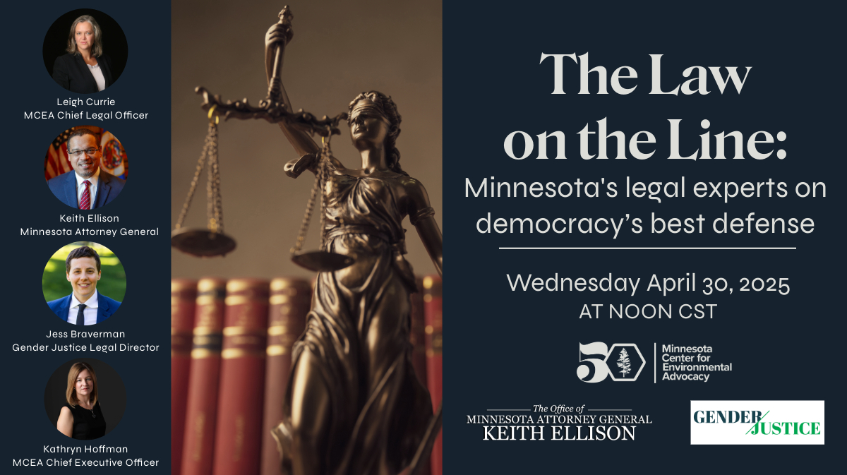 statue of justice, a woman with a blindfold and scales and information about the webinar that is in the text below